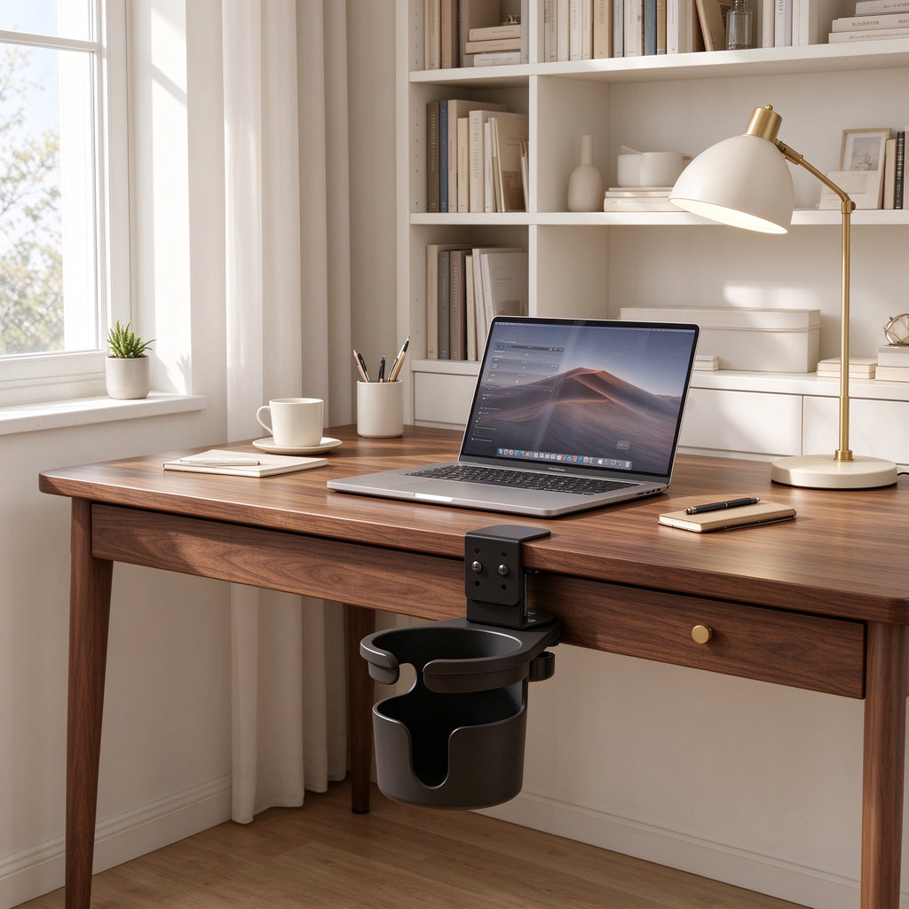 Clamp-On Cup Holder for Desk and Shelf, Fits Tops to 2.5 in