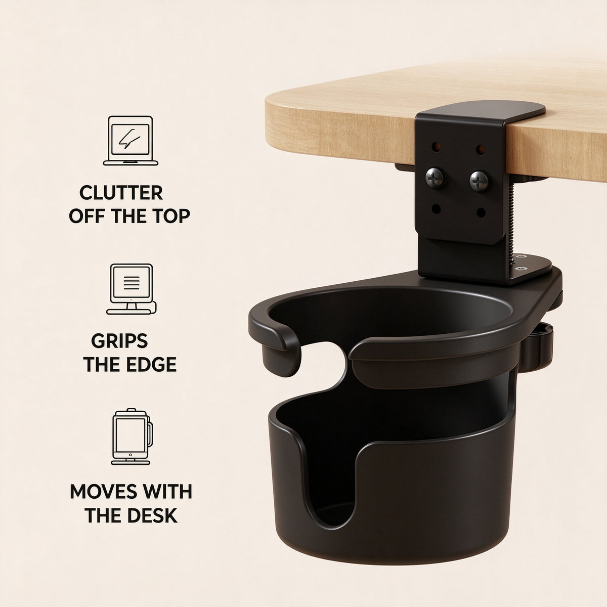 Clamp-On Cup Holder for Desk and Shelf, Fits Tops to 2.5 in