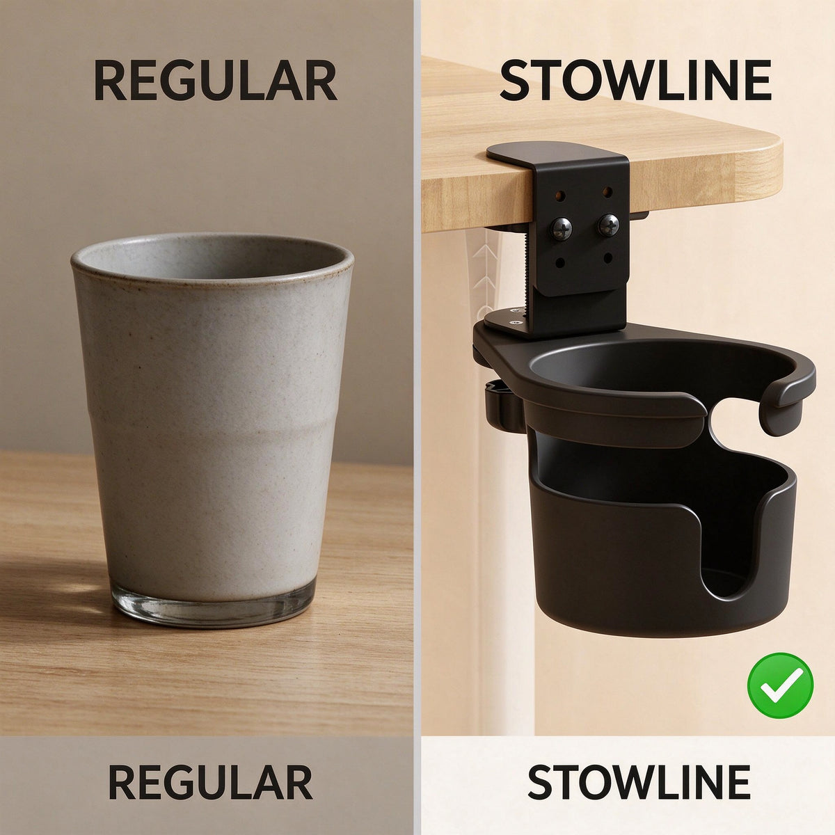 Clamp-On Cup Holder for Desk and Shelf, Fits Tops to 2.5 in