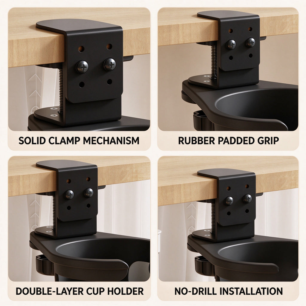 Clamp-On Cup Holder for Desk and Shelf, Fits Tops to 2.5 in