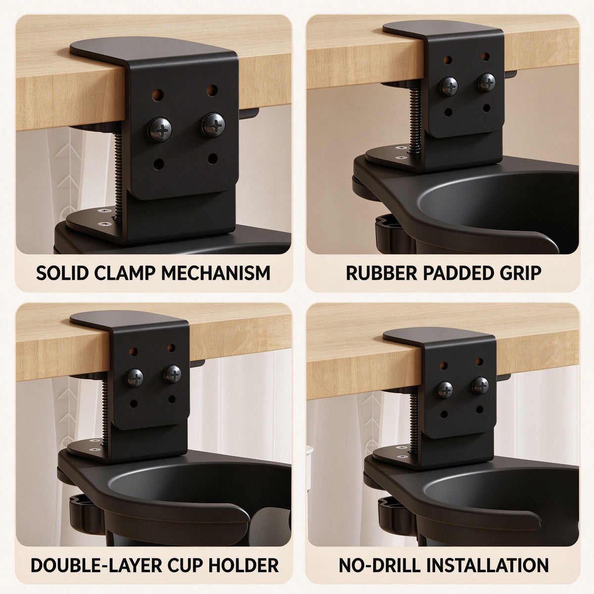 Clamp-On Cup Holder for Desk and Shelf, Fits Tops to 2.5 in