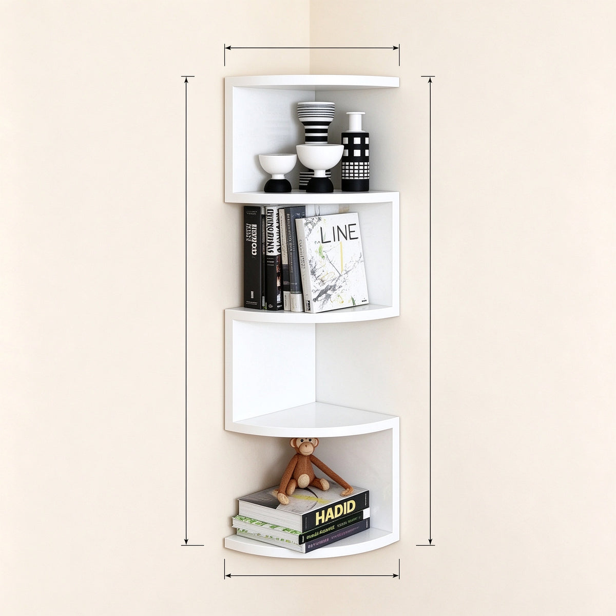 Corner Wall Shelf, 3, 5 or 7 Tier, PVC, No-Drill Adhesive