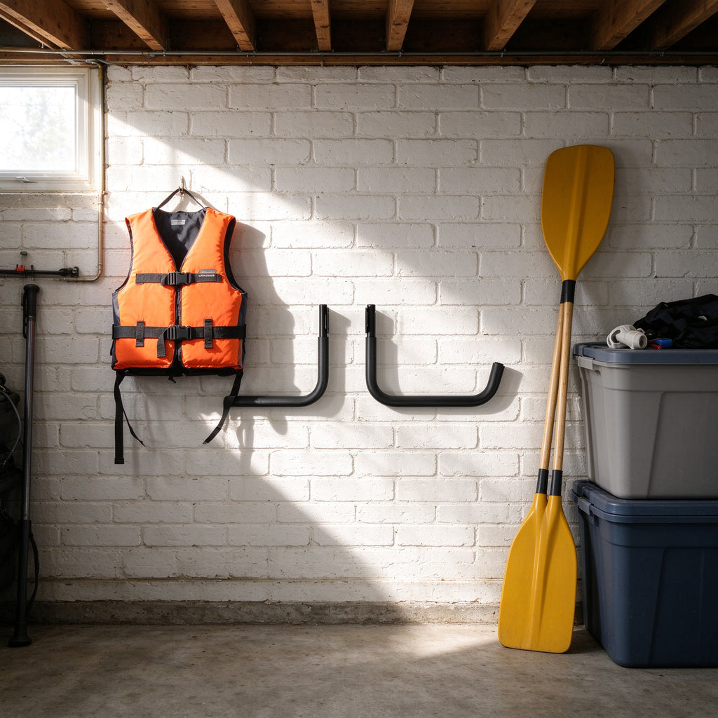 Black kayak wall hooks mounted on a white painted basement brick wall