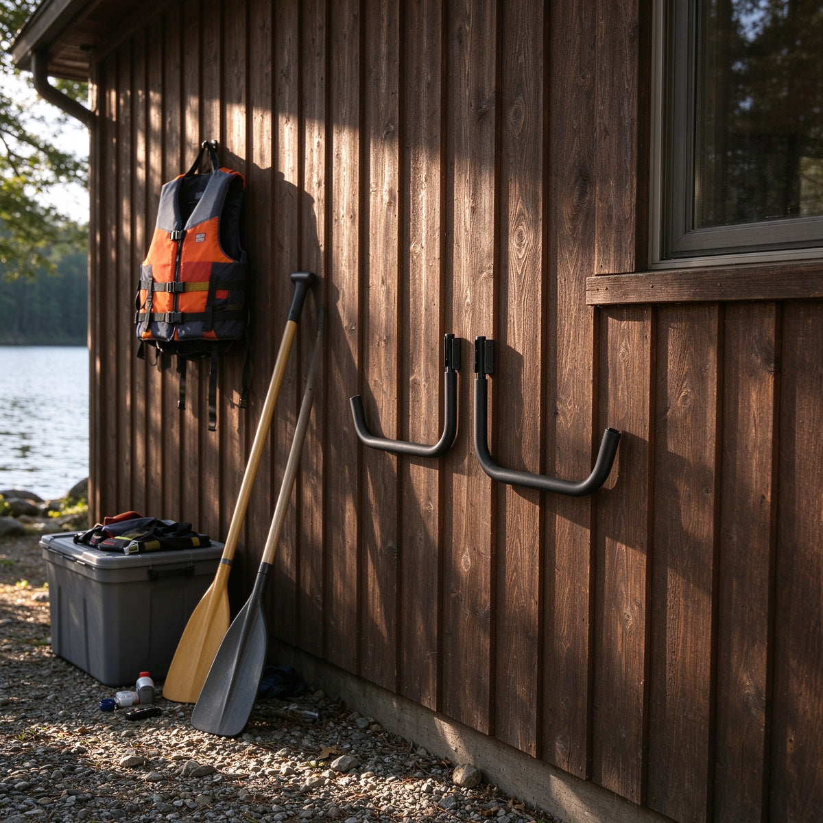 Black kayak wall hooks mounted on the wooden wall of a cabin by a lake