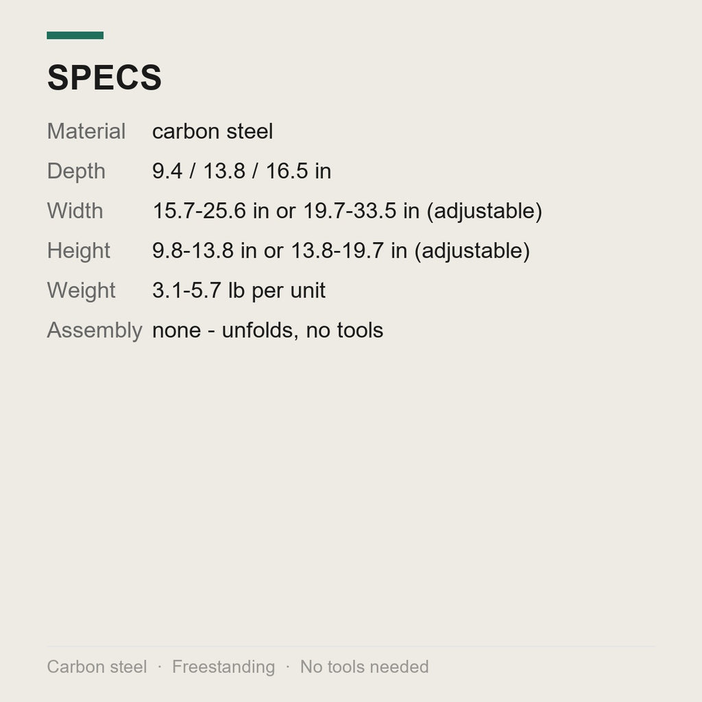 Specifications: carbon steel, adjustable width and height