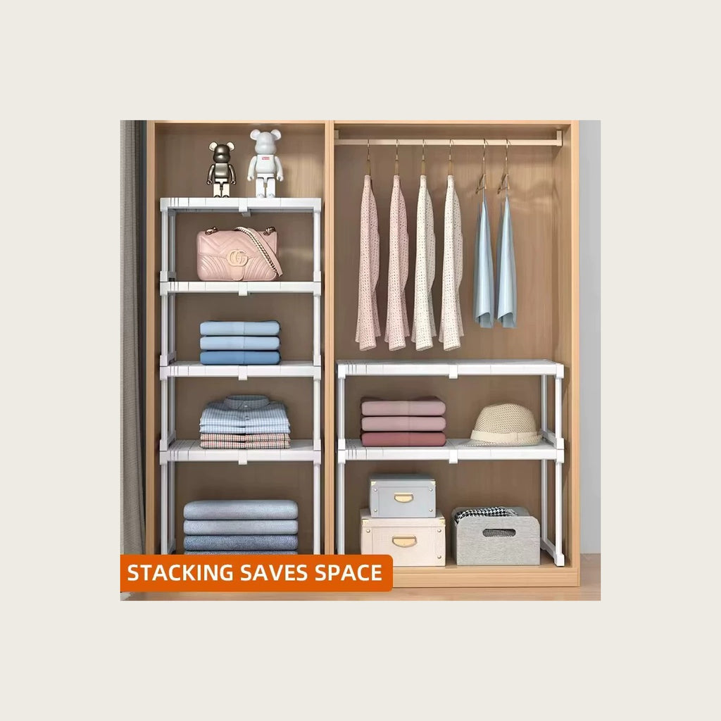 Two risers stacked in a closet, holding bags and towels