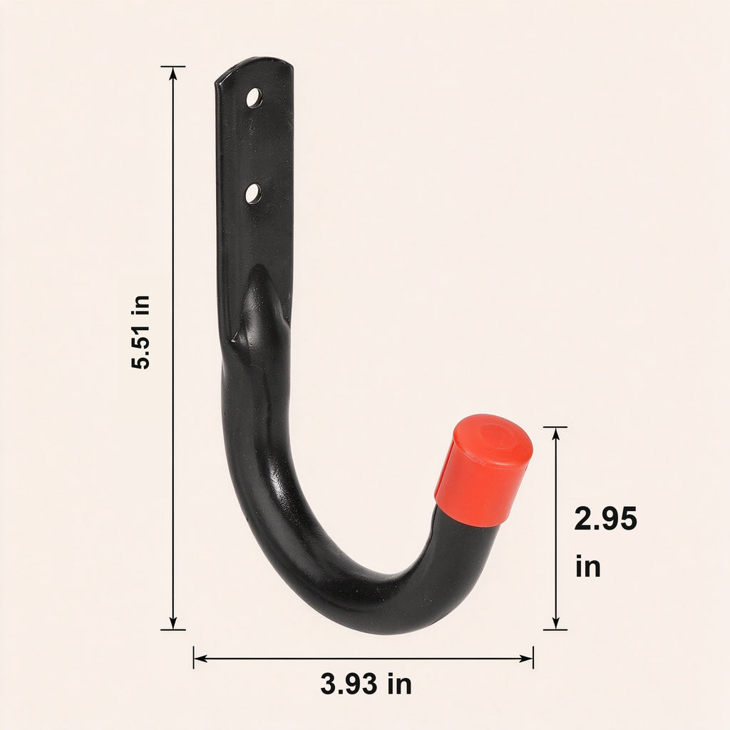 Dimension diagram of a single J wall hook on a light background, showing overall height, reach off the wall and the open mouth of the hook