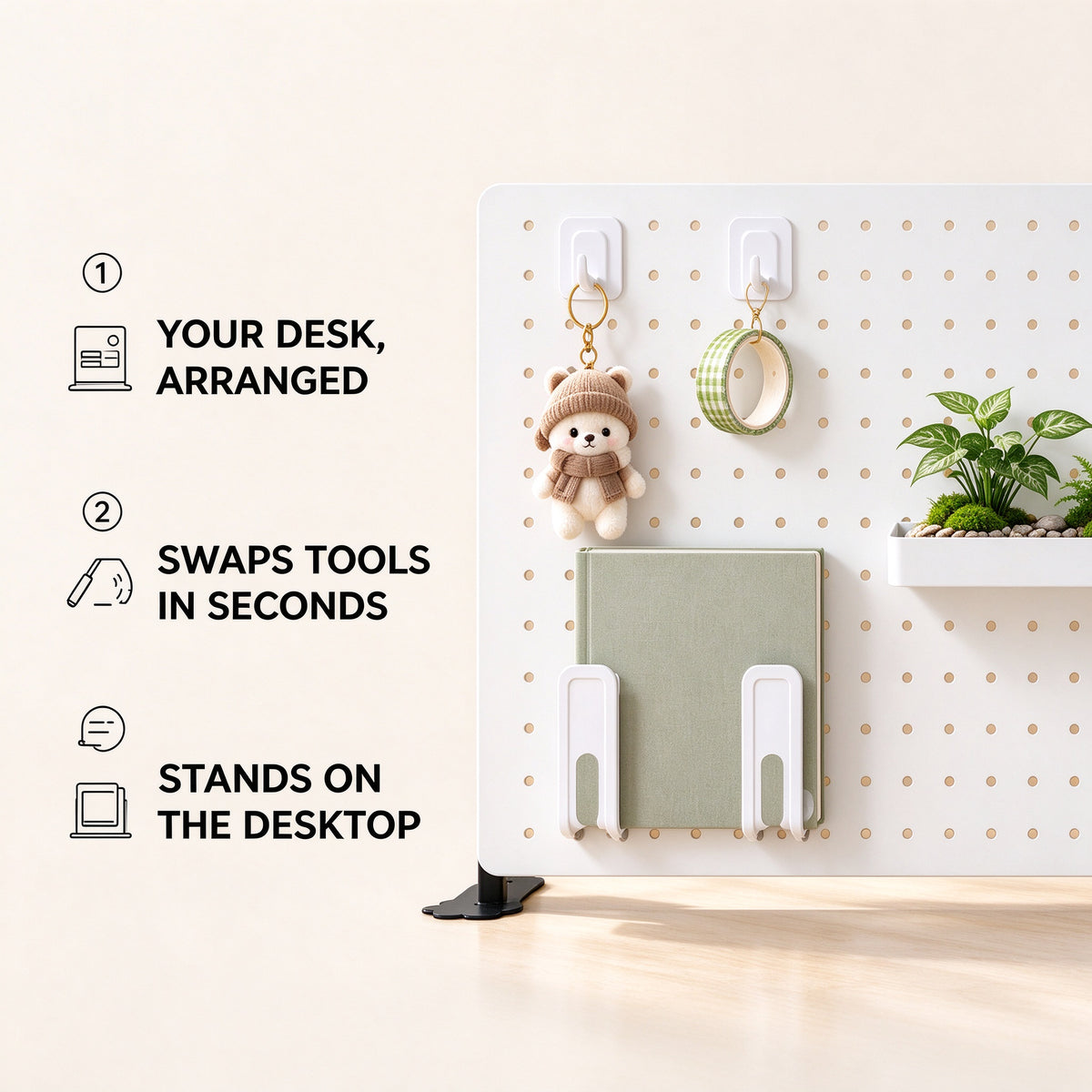 Adjustable Pegboard Desk Organizer, 15.7/23.6/31.5 in, Carbon Steel