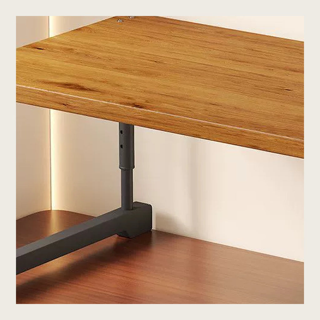Close-up of the wood-grain top board and the baked-enamel steel leg joint