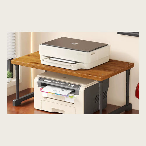 Freestanding desk riser holding a small printer with a second printer stored on the level below