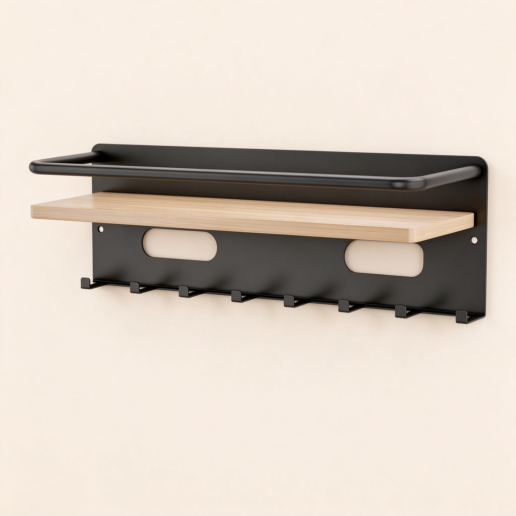 Entryway Key Rack with Shelf, 13.8 in, 8 Hooks, Metal and Bamboo