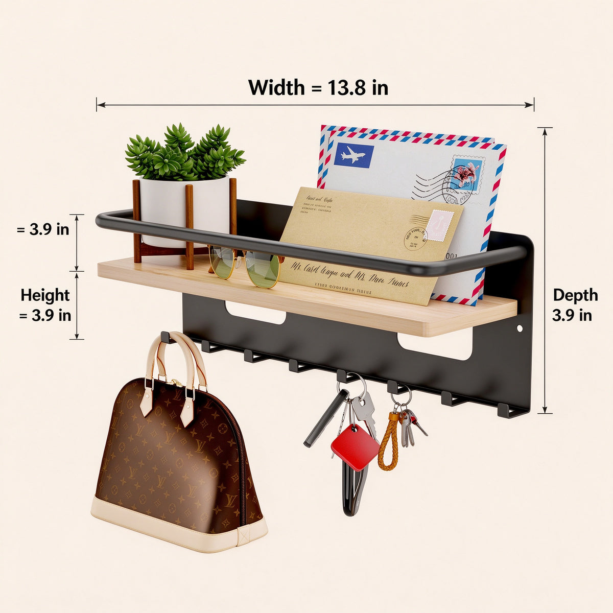 Entryway Key Rack with Shelf, 13.8 in, 8 Hooks, Metal and Bamboo