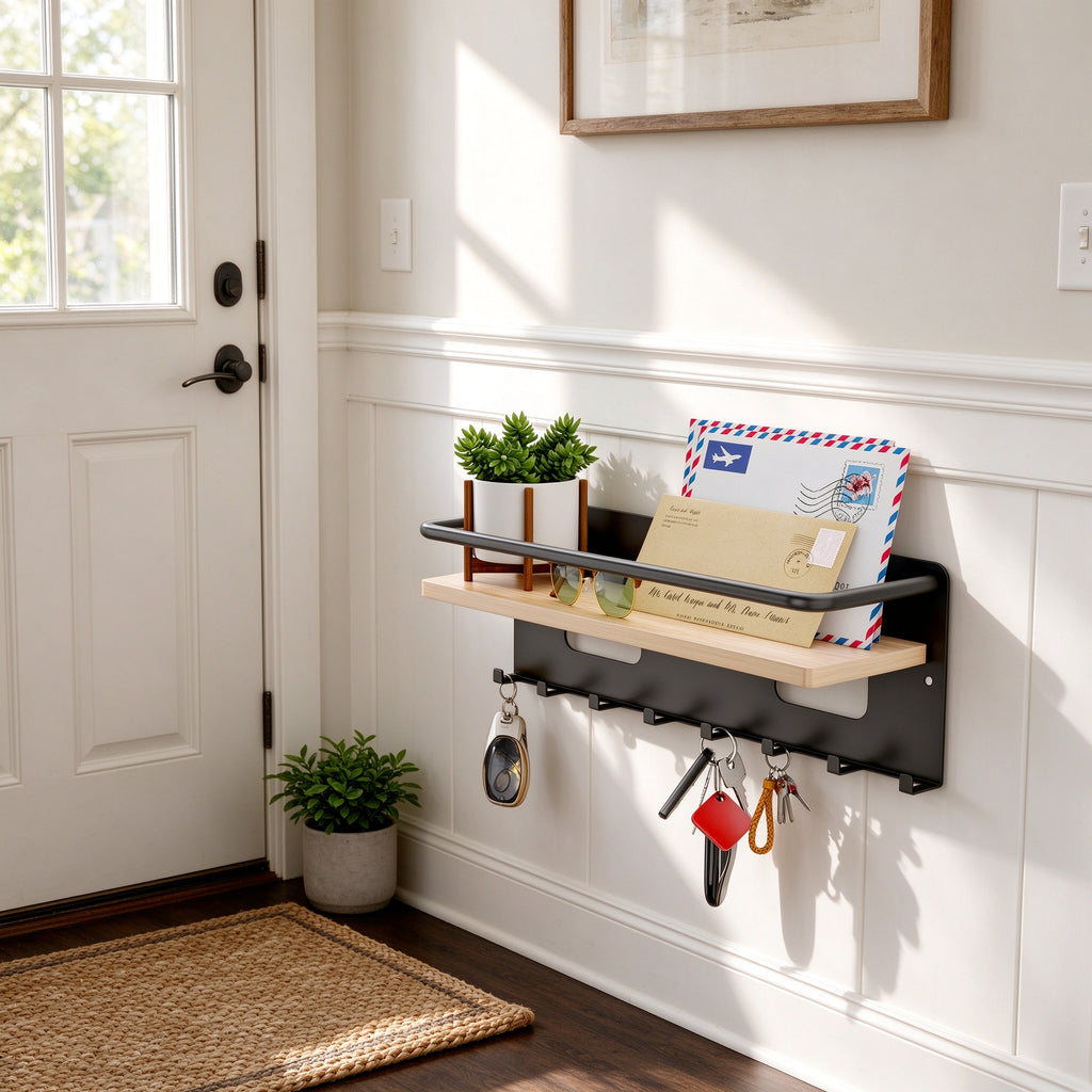 Entryway Key Rack with Shelf, 13.8 in, 8 Hooks, Metal and Bamboo