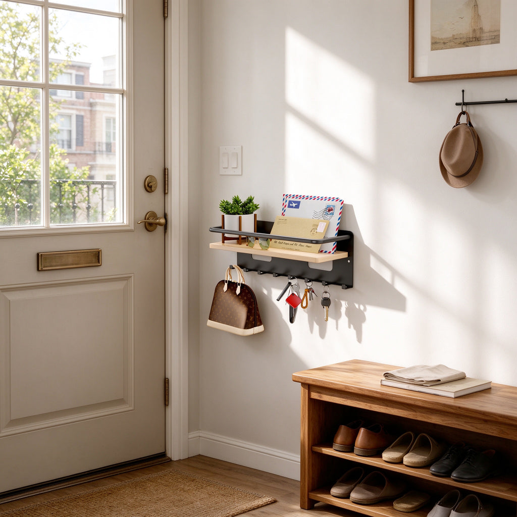 Entryway Key Rack with Shelf, 13.8 in, 8 Hooks, Metal and Bamboo