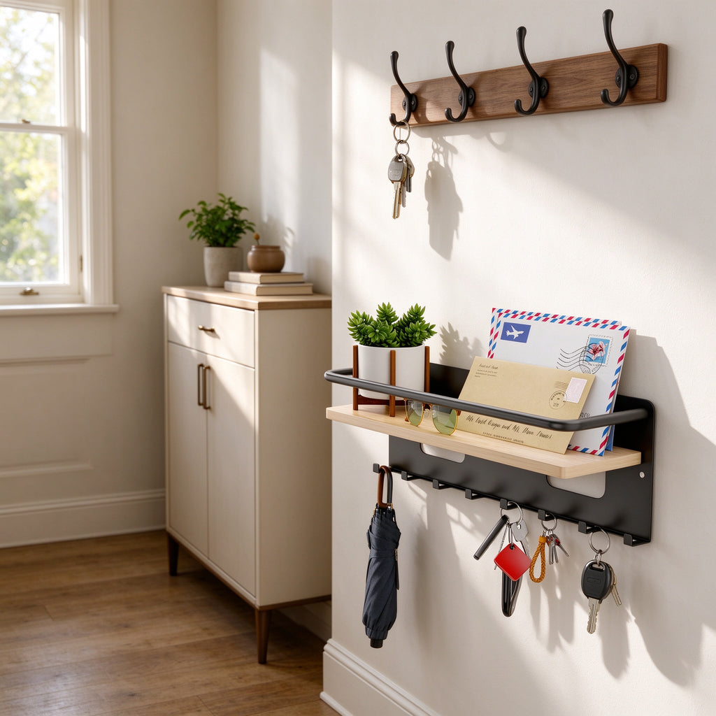 Entryway Key Rack with Shelf, 13.8 in, 8 Hooks, Metal and Bamboo