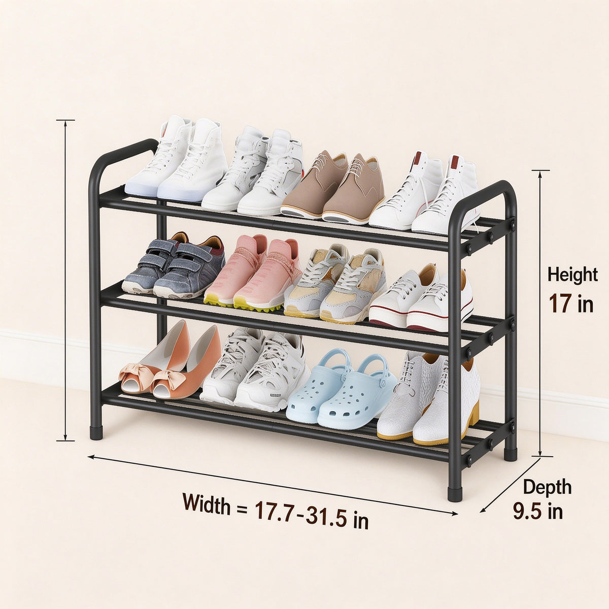 Expandable 3-Tier Shoe Rack, Fits 17.7-31.5 in, Metal
