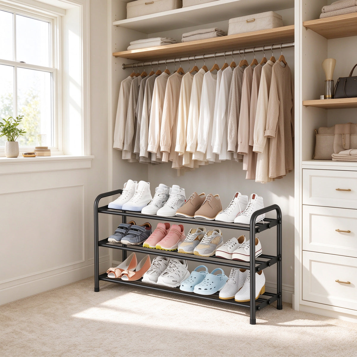 Expandable 3-Tier Shoe Rack, Fits 17.7-31.5 in, Metal