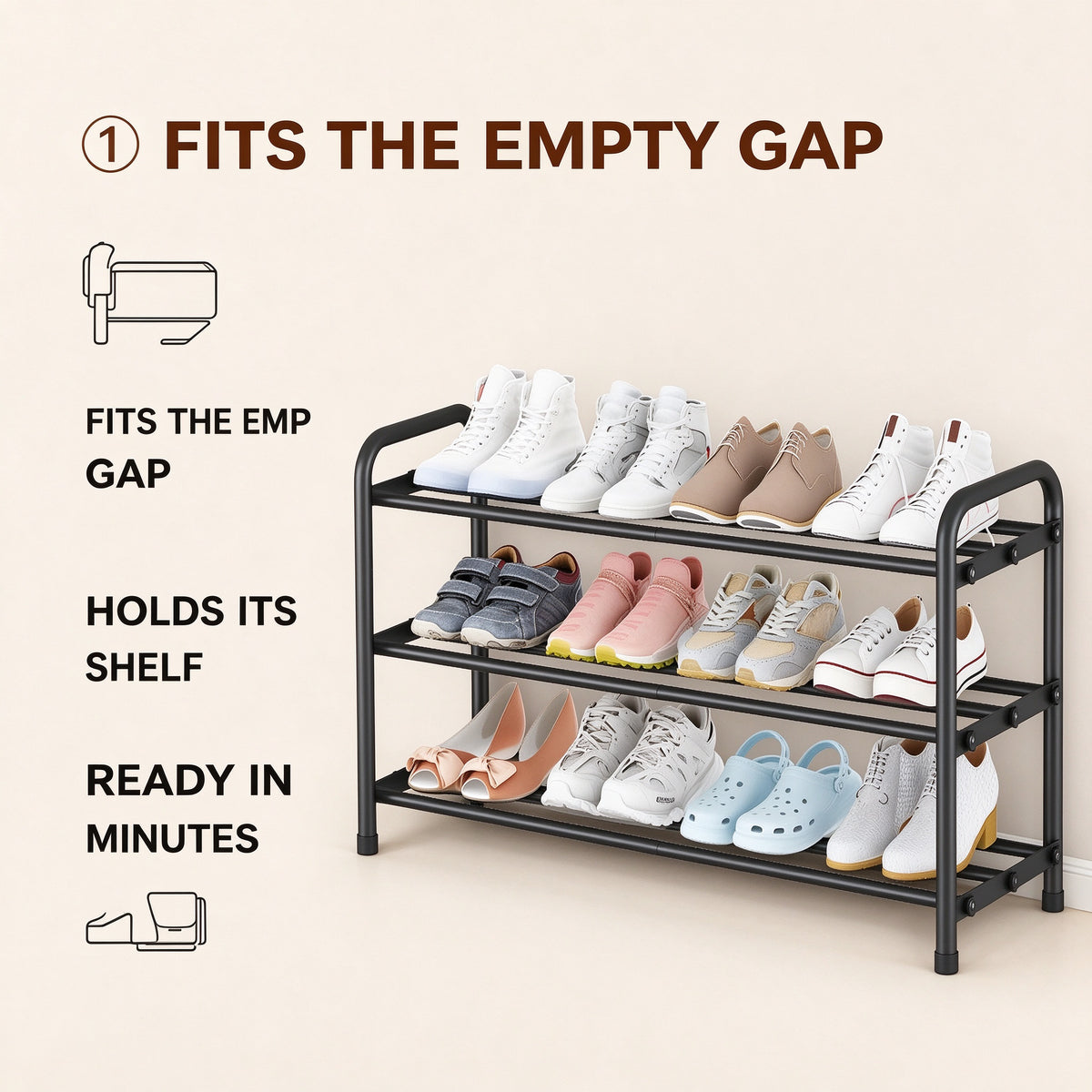 Expandable 3-Tier Shoe Rack, Fits 17.7-31.5 in, Metal