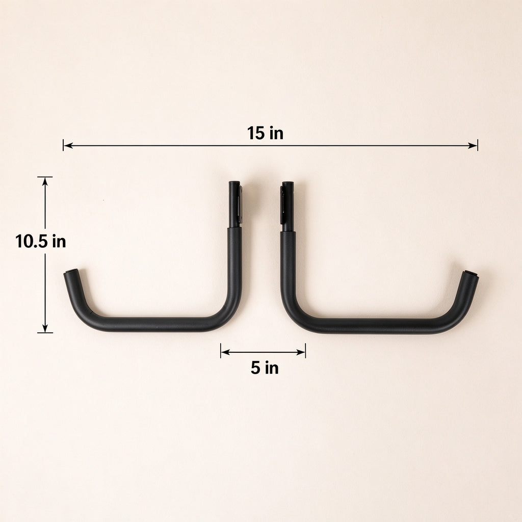 Kayak wall hook dimensions: 15 in reach, 10.5 in tall, 5 in cradle opening