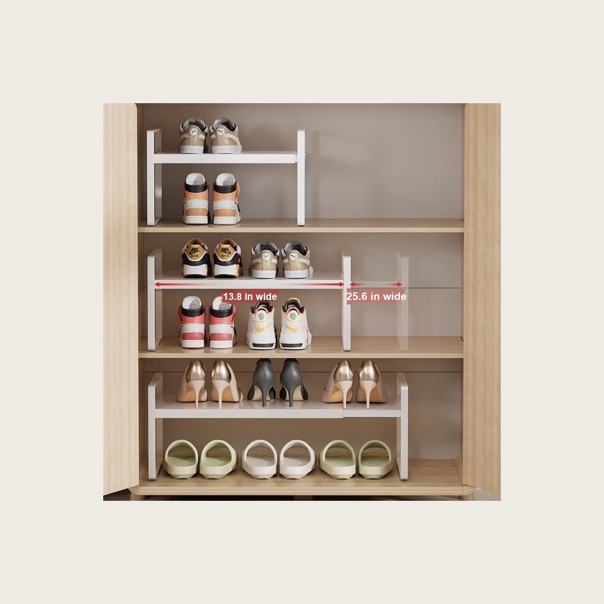 Three racks inside a shoe cabinet, set to different widths