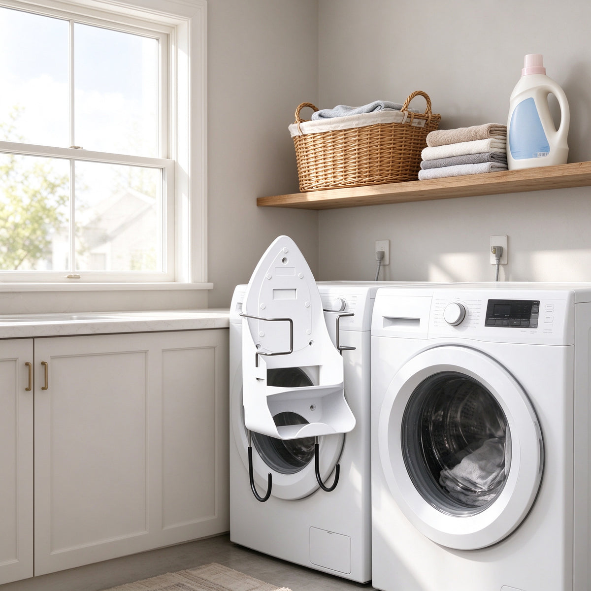 Ironing board and iron wall holder in a laundry room