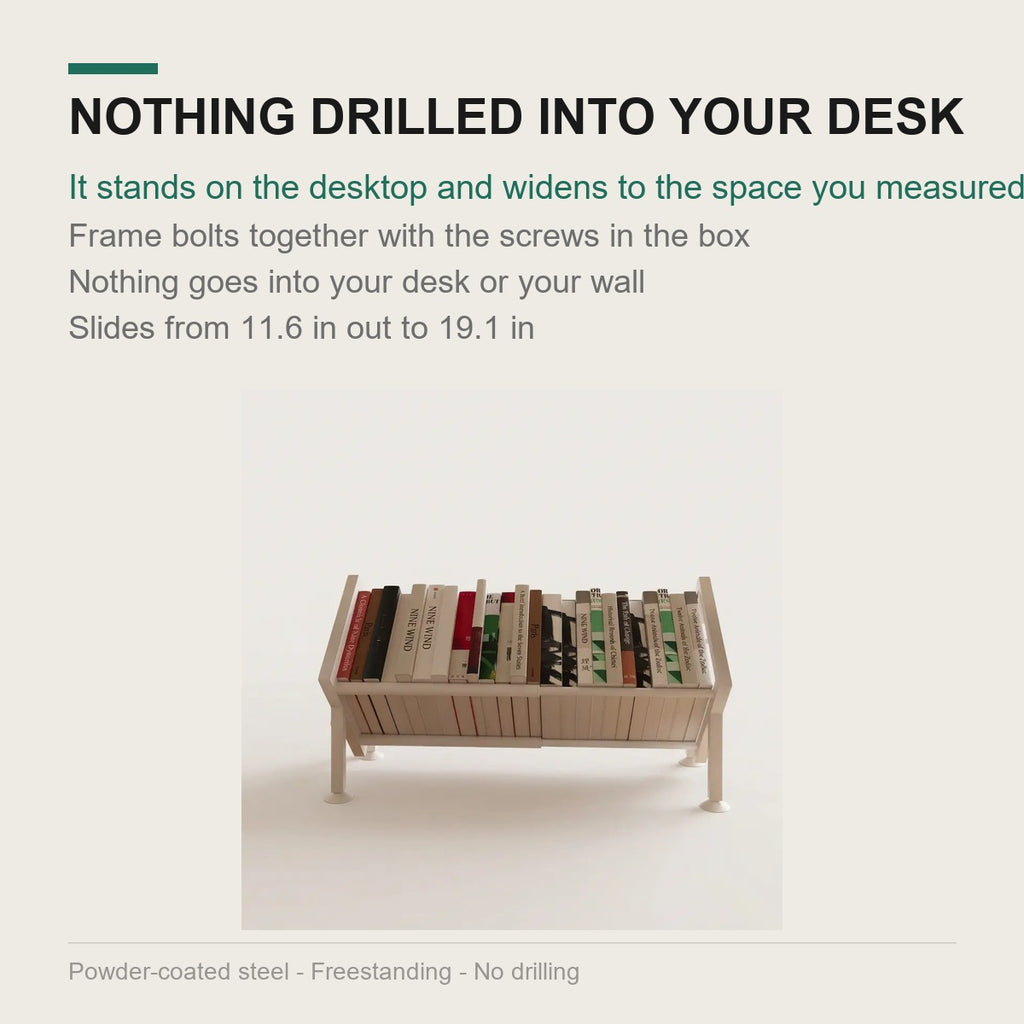 No-drill desk bookshelf that bolts together, nothing screwed into the desk