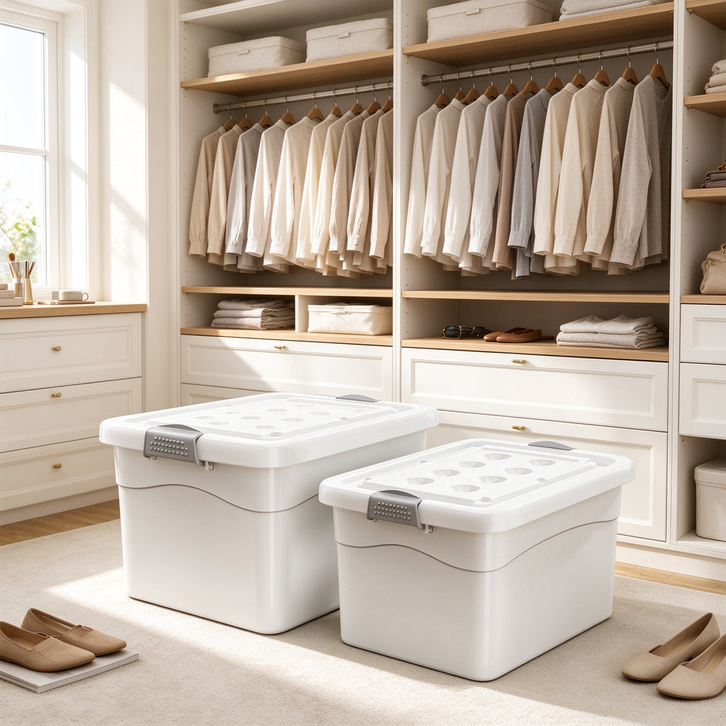 Cream White Storage Bin with Flip Lid, Small to Medium, for Closets