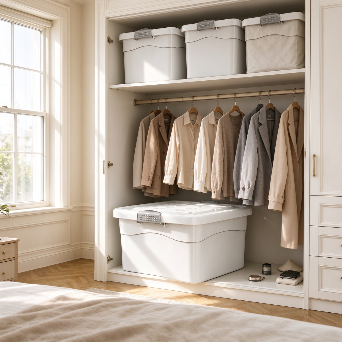 Cream White Storage Bin with Flip Lid, Small to Medium, for Closets