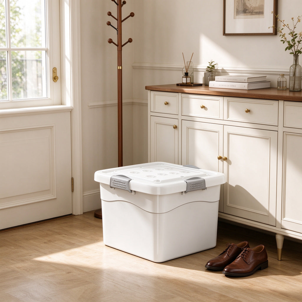 Cream White Storage Bin with Flip Lid, Small to Medium, for Closets