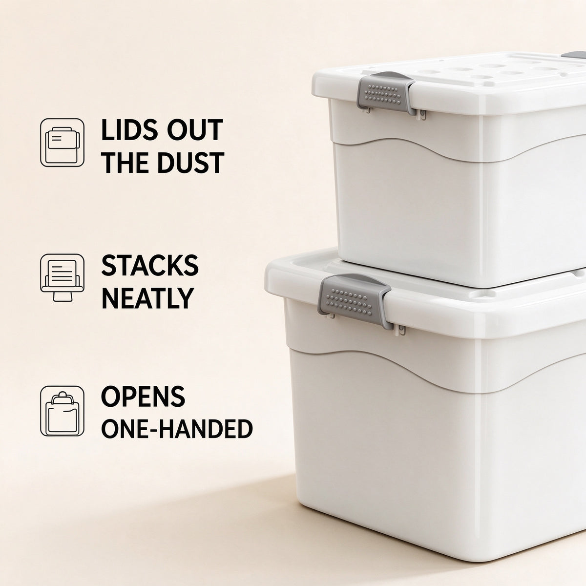 Cream White Storage Bin with Flip Lid, Small to Medium, for Closets