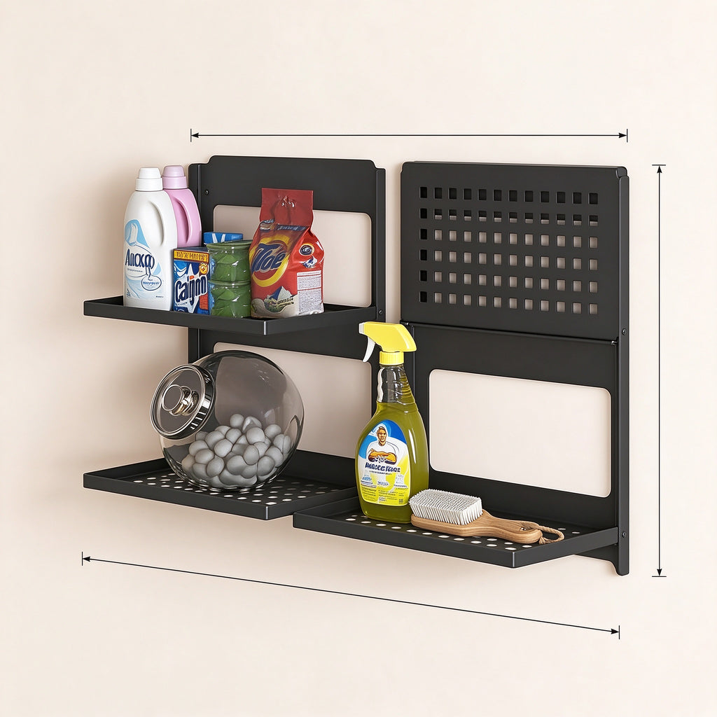 Foldable 2-Tier Wall Shelf, 13.4 in, Carbon Steel, Black or White