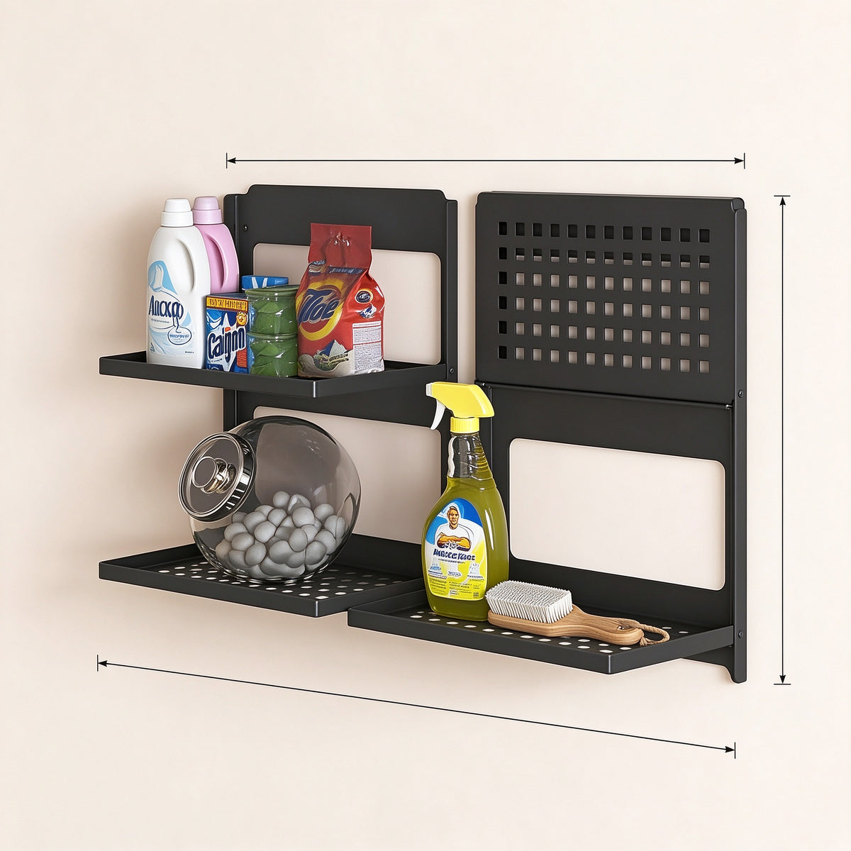 Foldable 2-Tier Wall Shelf, 13.4 in, Carbon Steel, Black or White