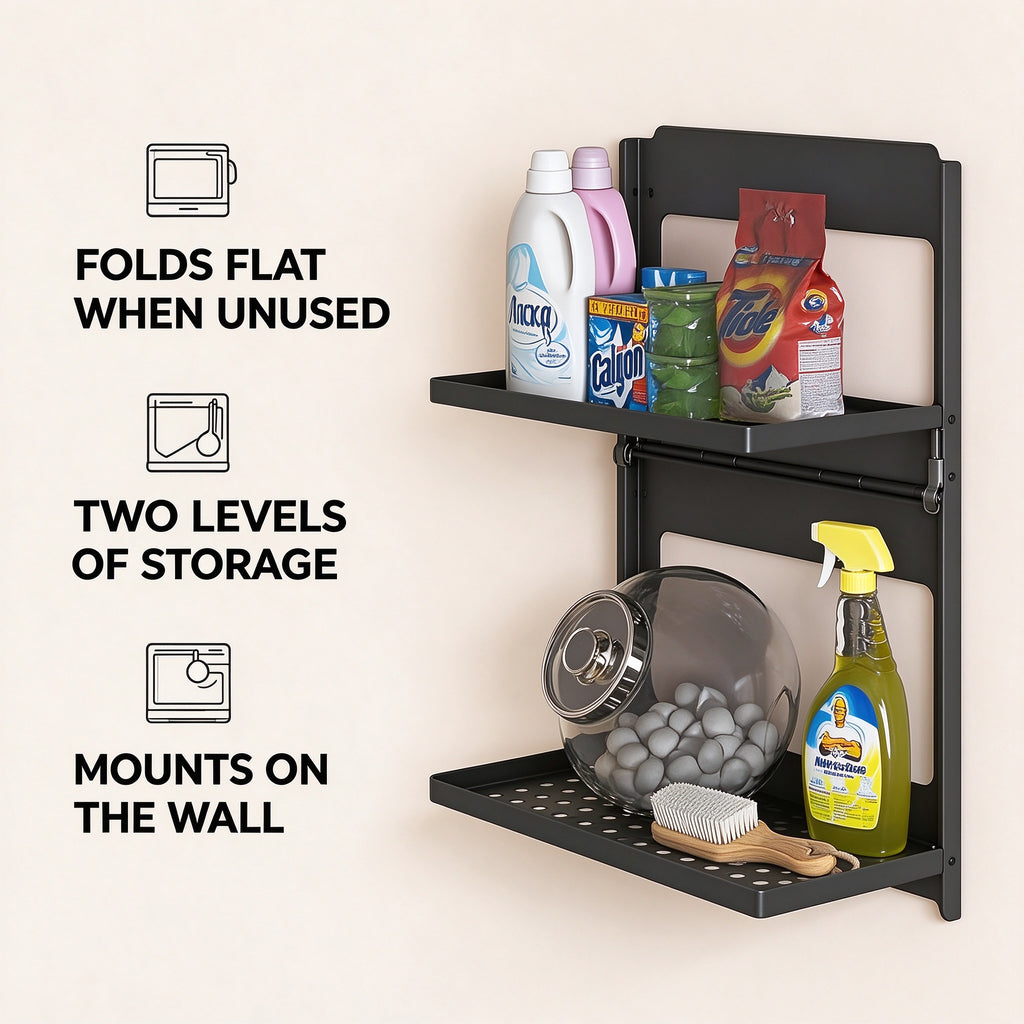 Foldable 2-Tier Wall Shelf, 13.4 in, Carbon Steel, Black or White