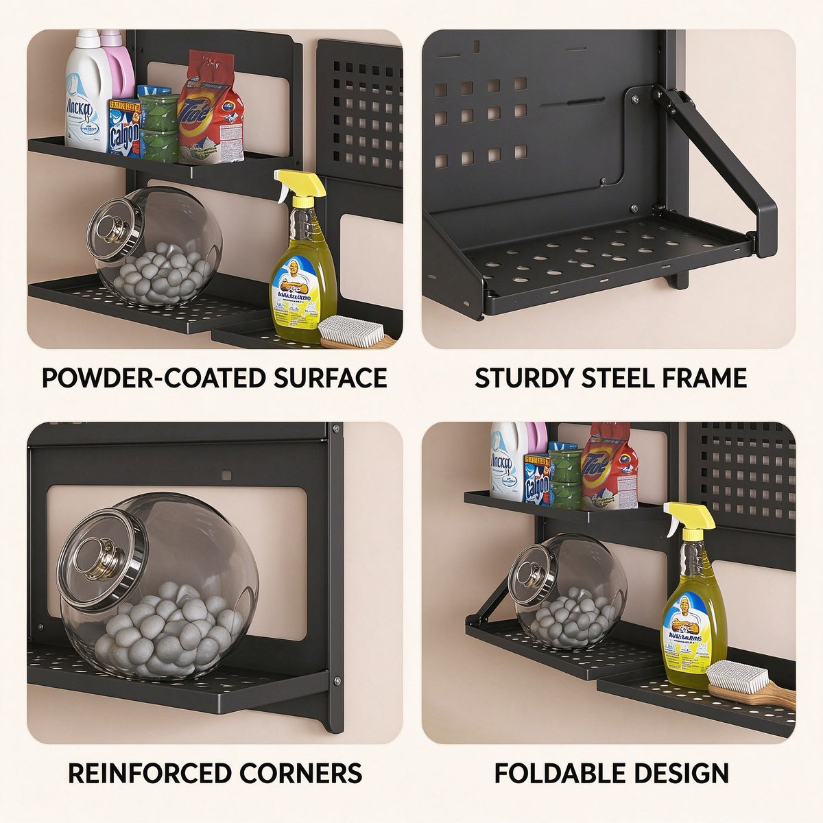 Foldable 2-Tier Wall Shelf, 13.4 in, Carbon Steel, Black or White