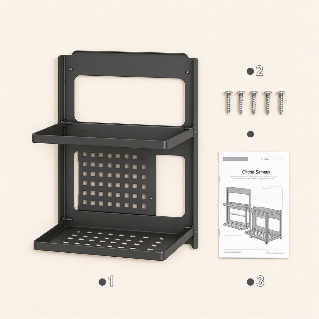 Foldable 2-Tier Wall Shelf, 13.4 in, Carbon Steel, Black or White