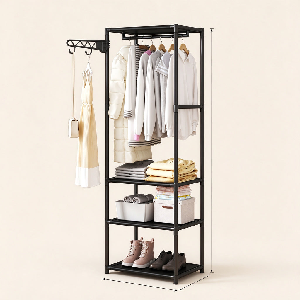 Freestanding Closet Organizer, 66.9 in Tall, Hanging Rod & Side Hooks
