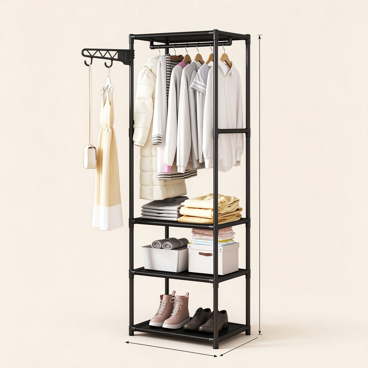 Freestanding Closet Organizer, 66.9 in Tall, Hanging Rod & Side Hooks