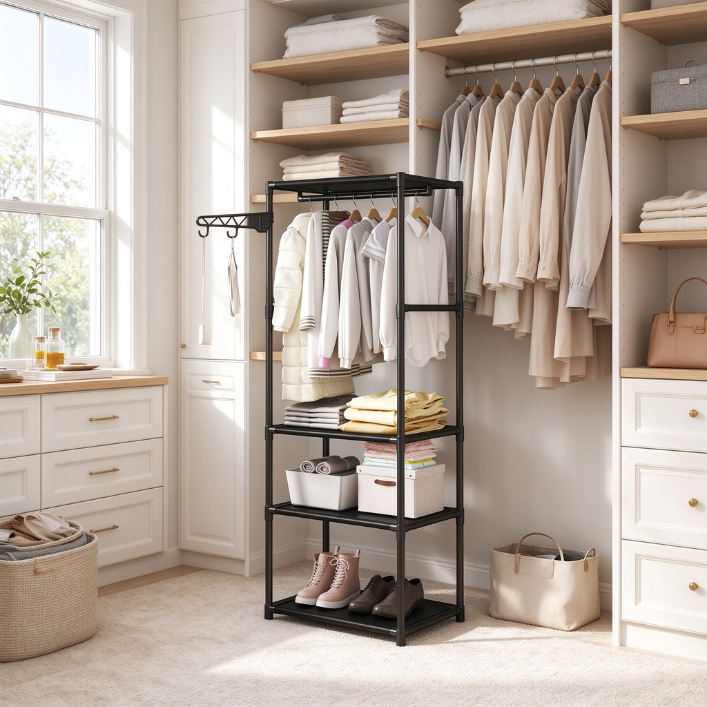 Freestanding Closet Organizer, 66.9 in Tall, Hanging Rod & Side Hooks