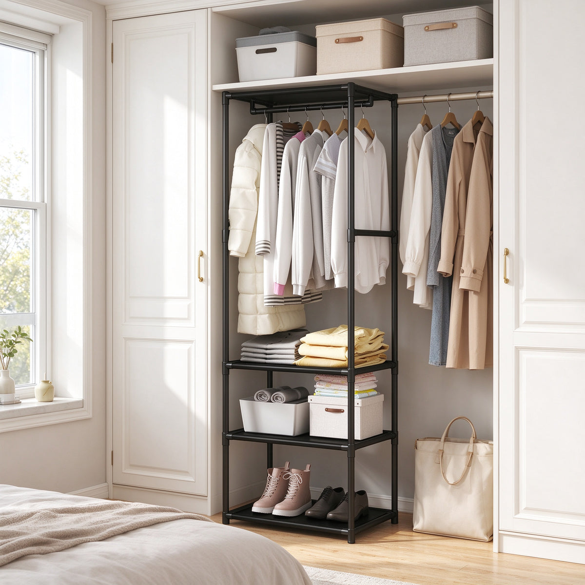 Freestanding Closet Organizer, 66.9 in Tall, Hanging Rod & Side Hooks