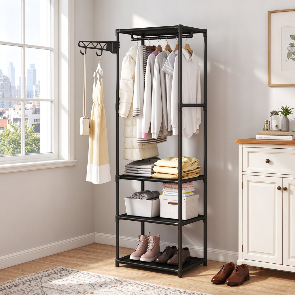 Freestanding Closet Organizer, 66.9 in Tall, Hanging Rod & Side Hooks