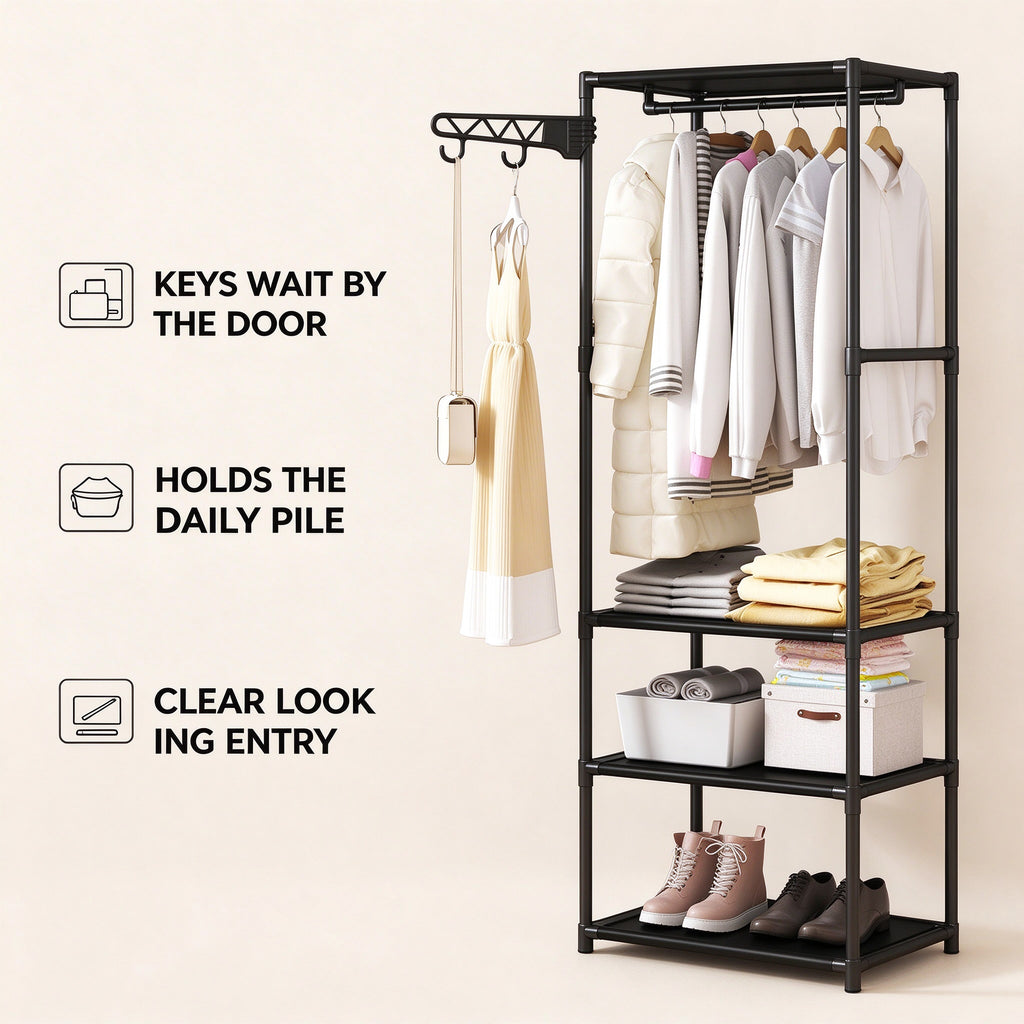 Freestanding Closet Organizer, 66.9 in Tall, Hanging Rod & Side Hooks