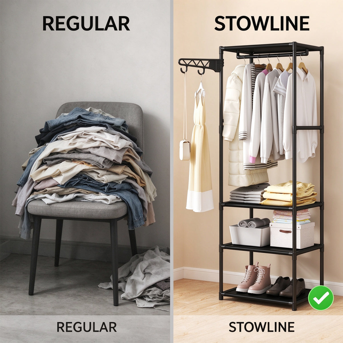 Freestanding Closet Organizer, 66.9 in Tall, Hanging Rod & Side Hooks
