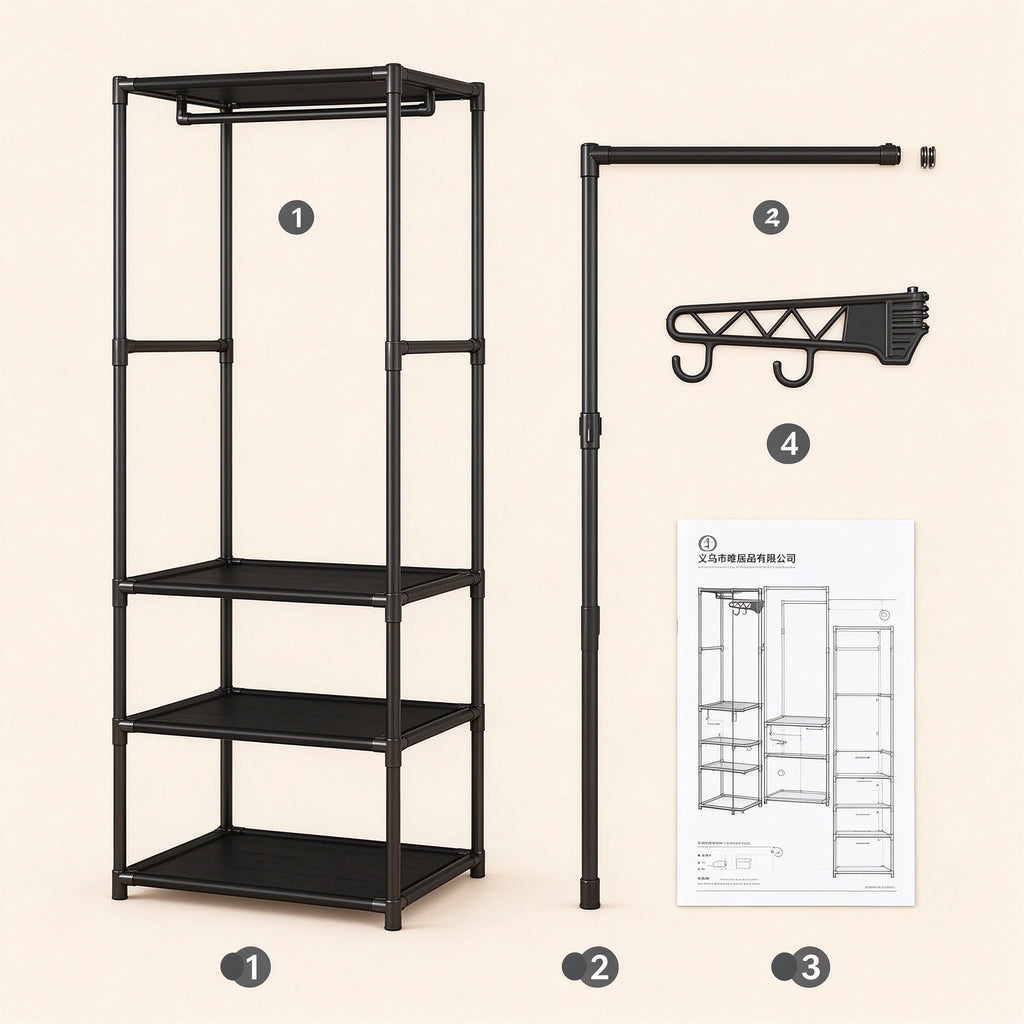 Freestanding Closet Organizer, 66.9 in Tall, Hanging Rod & Side Hooks