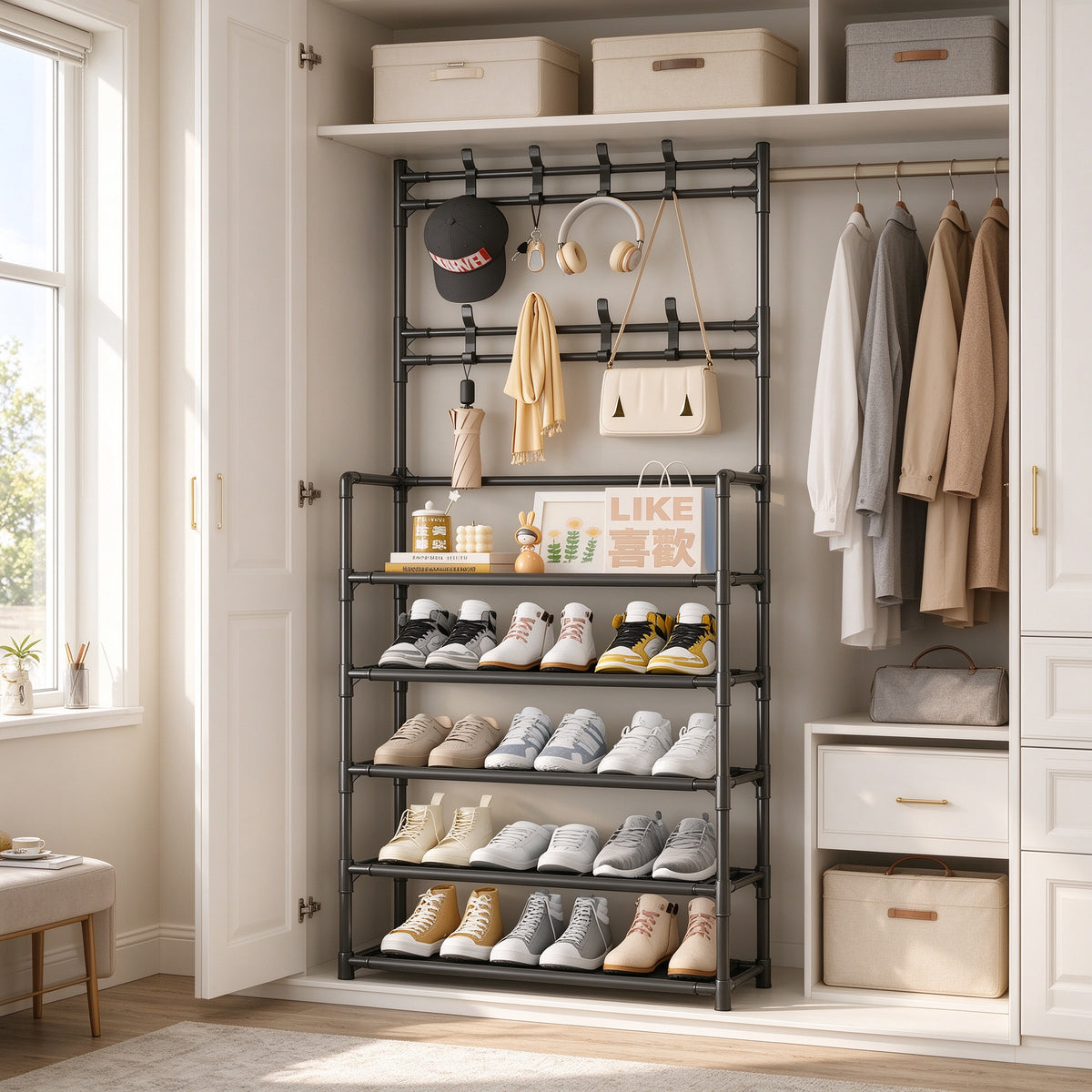 Freestanding Shoe and Hat Rack, 3 to 5 Tiers, 23.6 or 30.7 in Wide