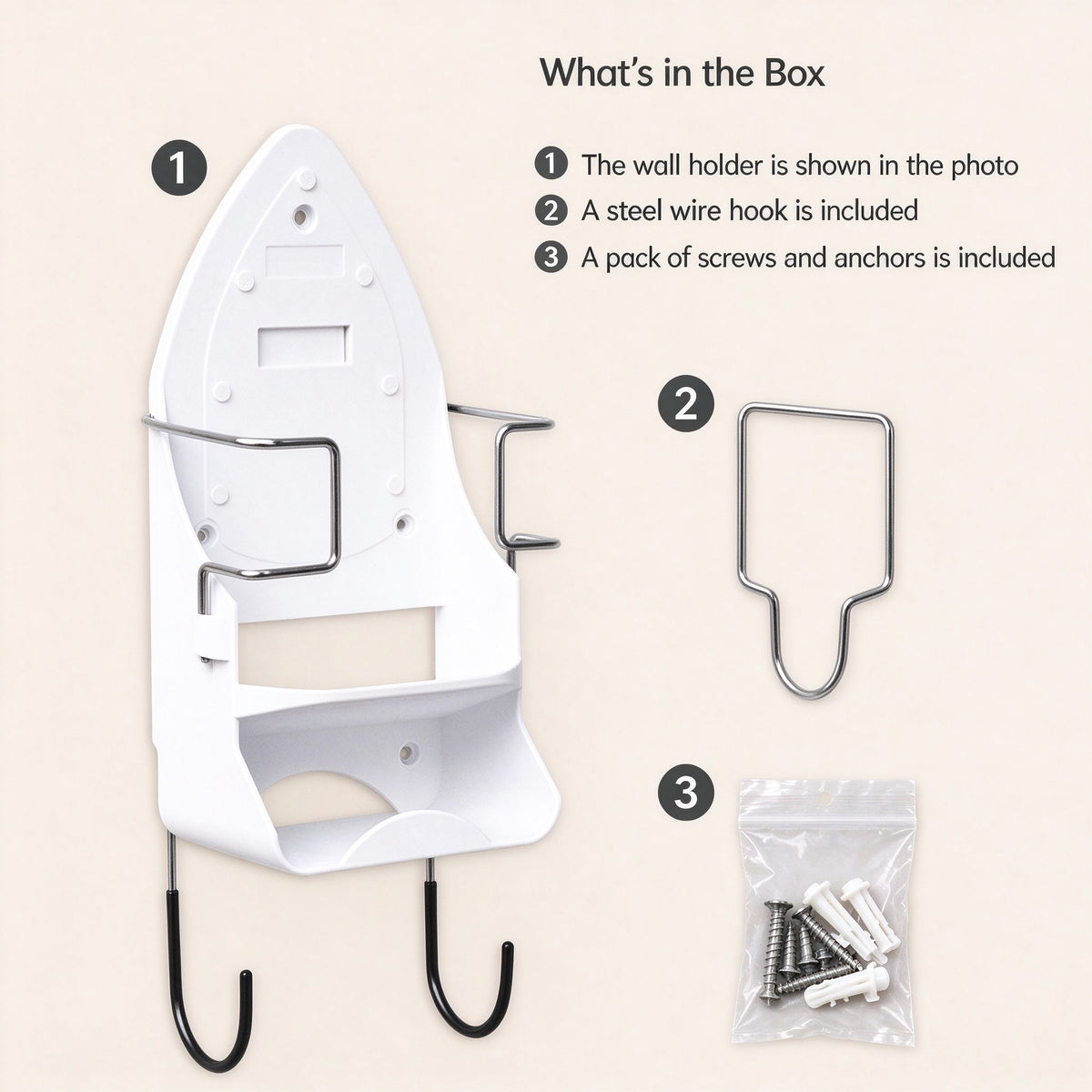 Ironing Board and Iron Wall Holder, 15.75 in, Black or White