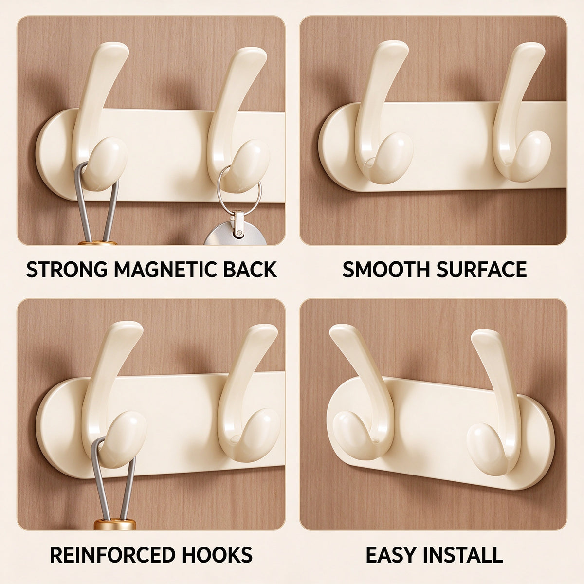 Magnetic Door Hook Rack, 12.6–19.7 in Steel Plate, 4–6 Hooks
