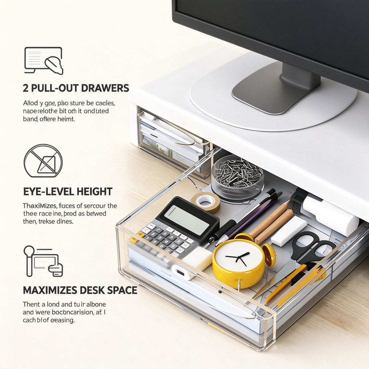 Monitor Riser, 2 Pull-Out Drawers, 3.9 or 5.9 in Tall, 20.9 in Wide