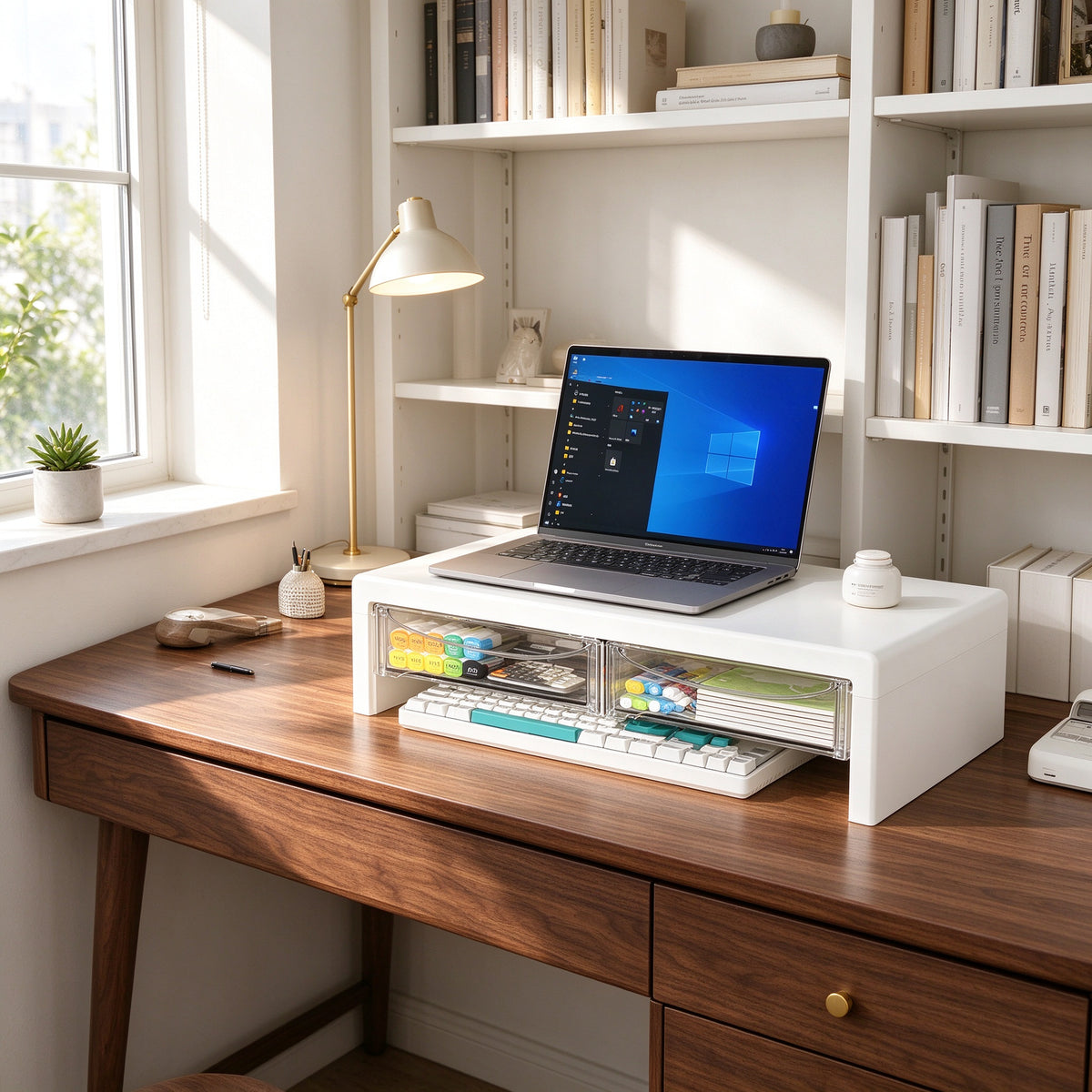 Monitor Riser, 2 Pull-Out Drawers, 3.9 or 5.9 in Tall, 20.9 in Wide