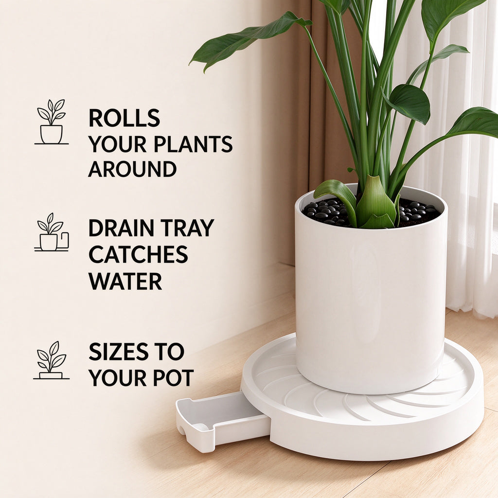 Rolling Plant Caddy, PP & Steel, 8.7 to 15.7 in, Drain Tray