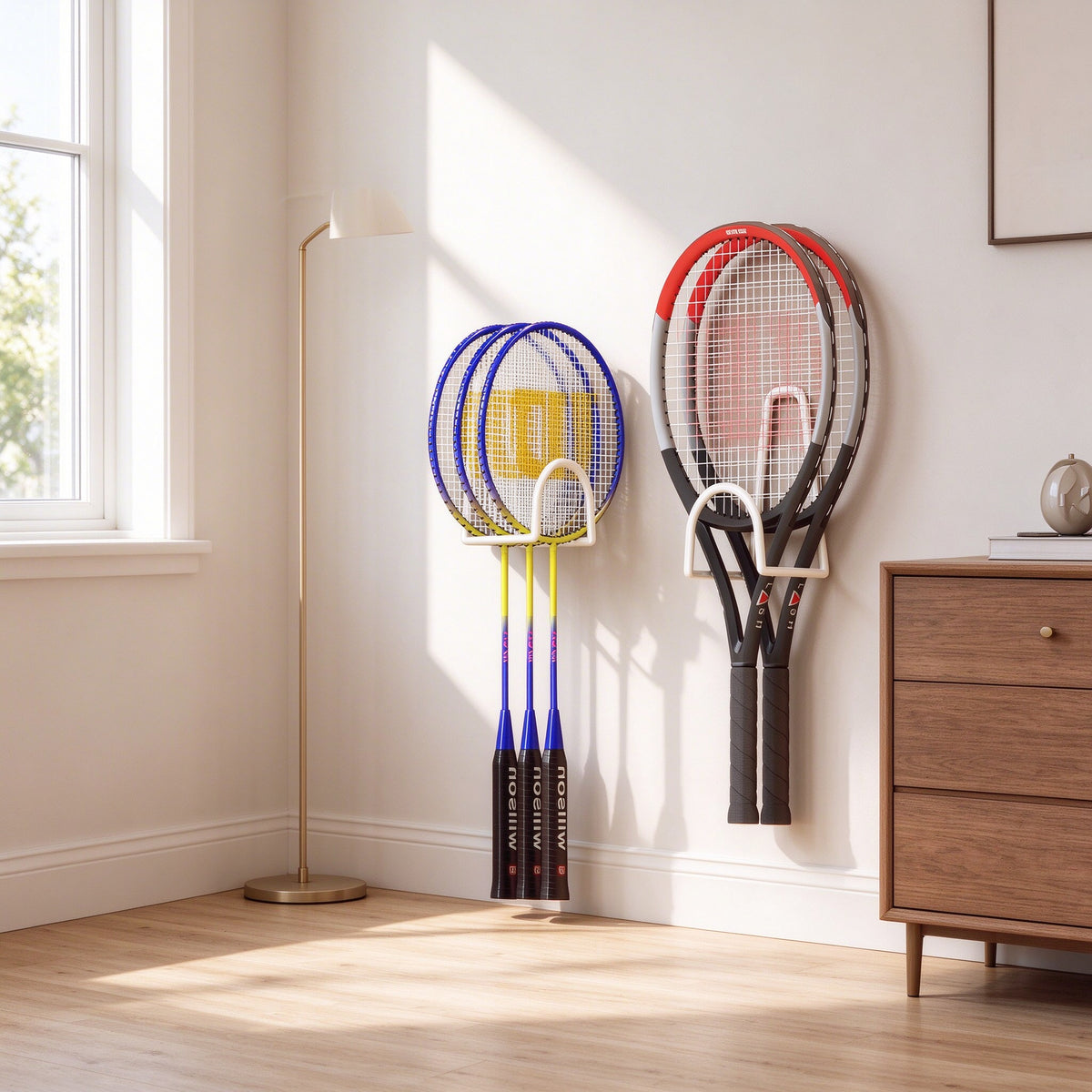 Racket Wall Hook, No-Drill Holder, 4.7 in Tall, 2 or 3 Pack